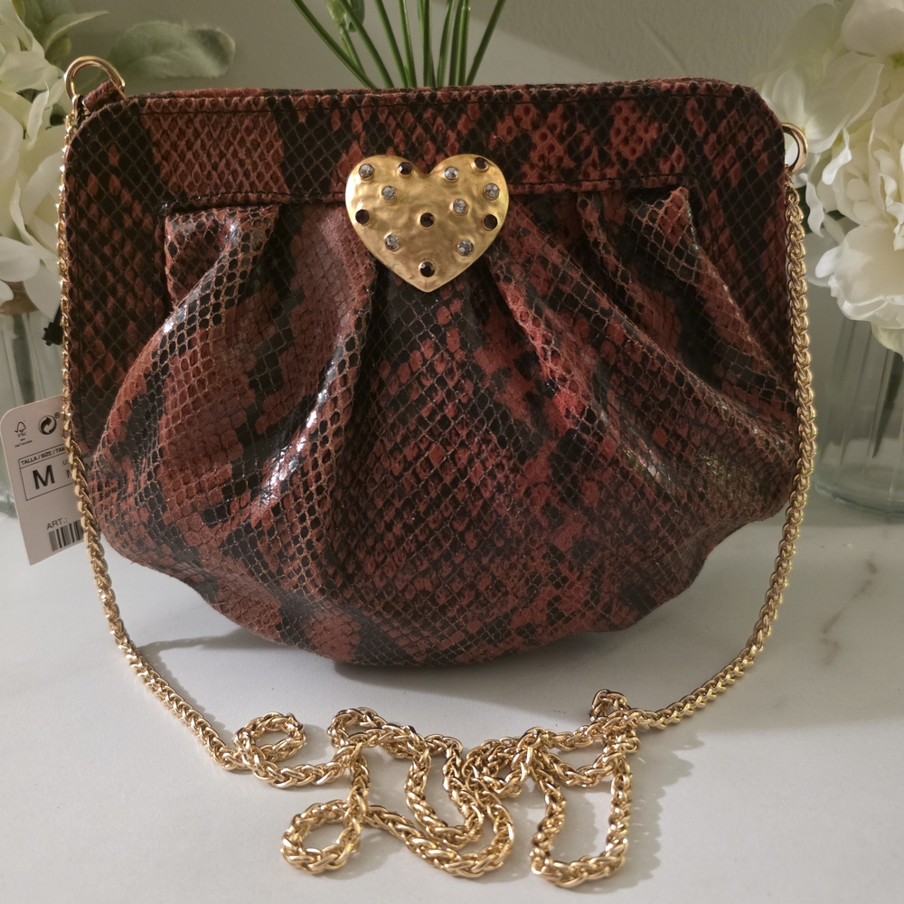 Zara Red and Black Snake Print Clutch with Gold Heart